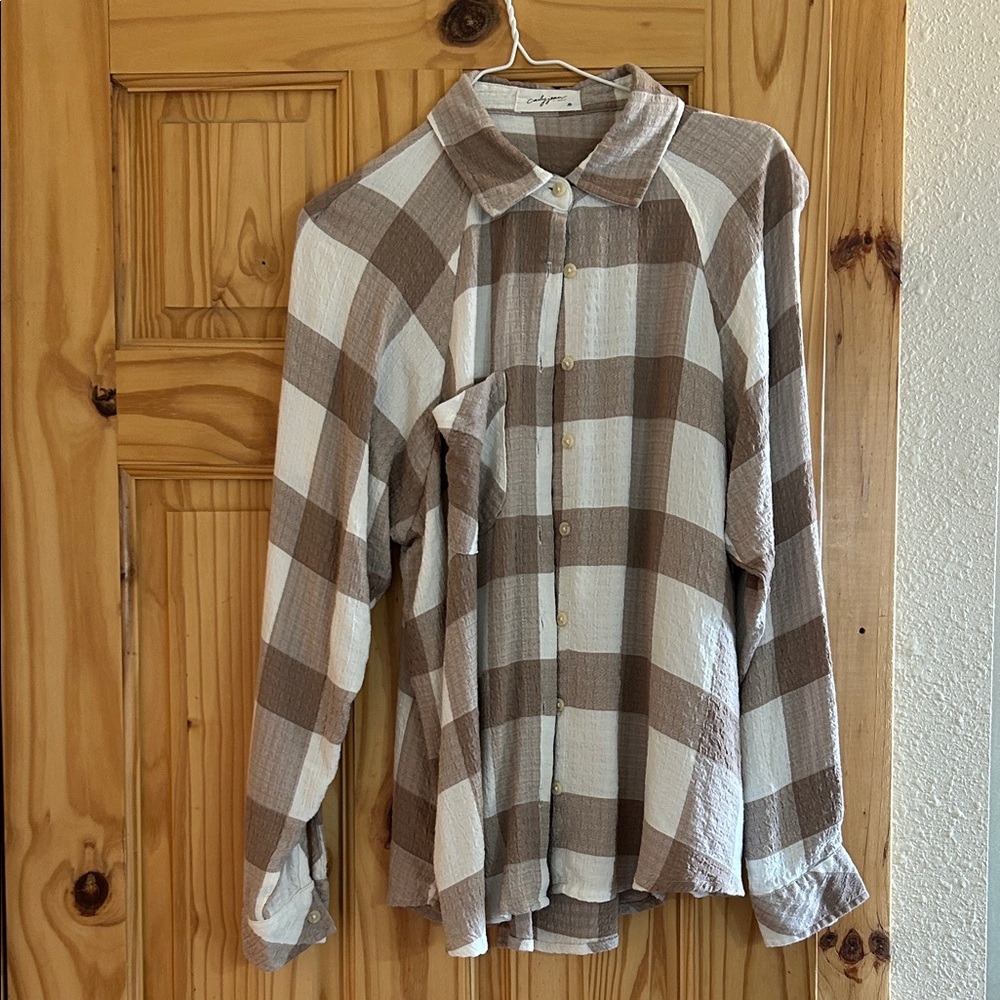 Carly Jean Los Angeles Brown and Cream Plaid Button Down Shirt